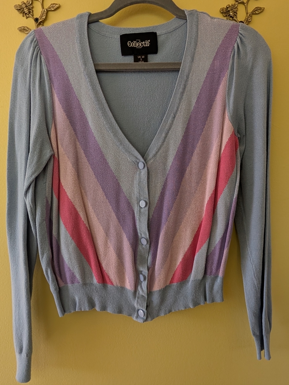 Collectif Powder Blue V-Neck Cardigan with Multicolor Diagonal Stripes